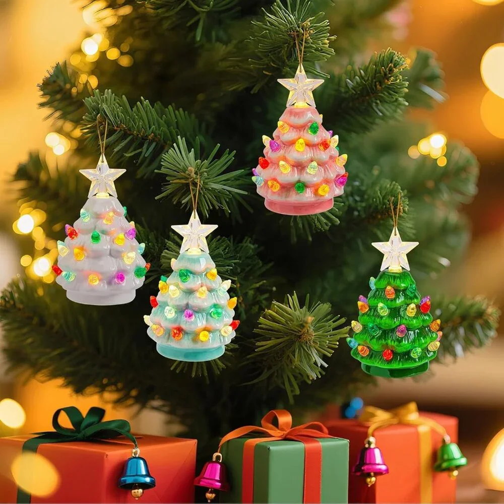 4.3 Inch Mini Ceramic Christmas Tree Set - 4 Pack Tabletop Christmas Tree